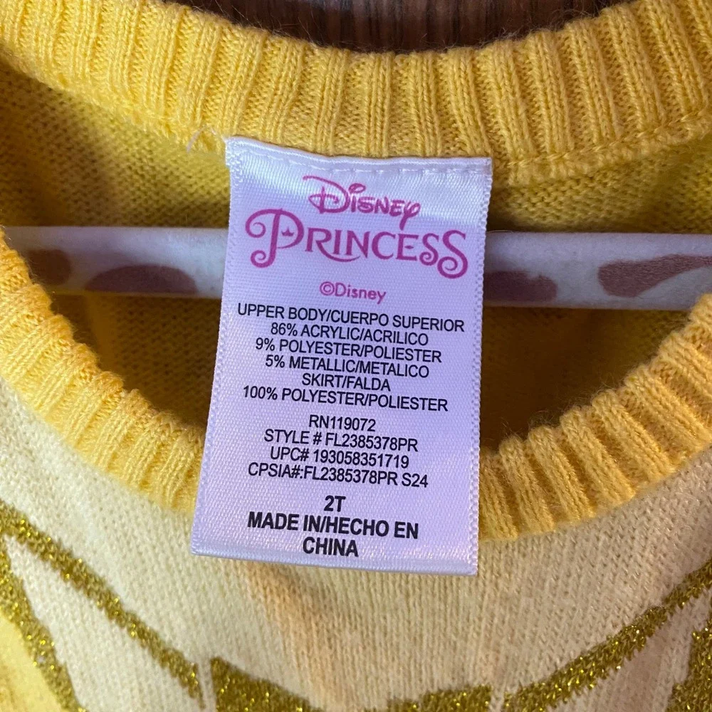 Disney Princess Belle Sweater Dress Toddler 2T Yellow Gold Glitter Tulle Skirt